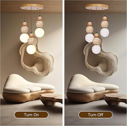 Wabi Sabi Pendant Light,3-Light Travertine Stone Fixture-Japandi Japanese Style Lamp,Nordic Wood Chandelier,Spherical Scandinavian Pendant Light Suits Kitchen Islands,Dining & Living Rooms(Log Color)