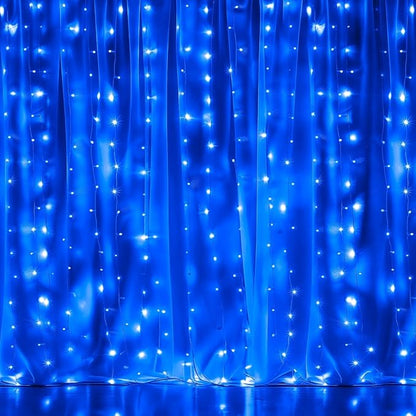Dazzle Bright 300 LED Curtain String Lights, Christmas Fairy Lights for Bedroom with 8 Lighting Modes, Connectable Waterproof Window Lights Party Wedding Garden Wall Decor, Blue