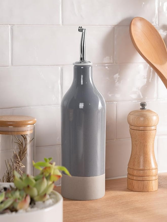 famiware Milkyway 16oz Ceramic Olive Oil Dispenser Bottle, 1 Piece Oil Dispenser for Kitchen with Stainless Steel Pourers, Suitable for Storage Vinegar, Soy Sauce, Coffee Syrup, Liquids, Dark Gray