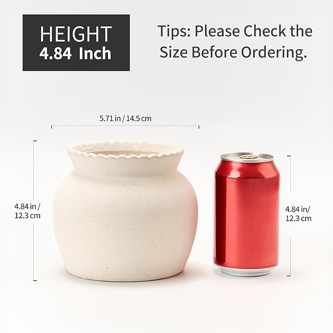 SIDUCAL Ceramic Flower Vase with Wide Mouth Lace, 4.8 Inch Pottery Rustic Farmhouse Boho Vases, Small Terracotta Vase for Home Decor, Table, Living Room, Bathroom, Shelf, Wedding, White