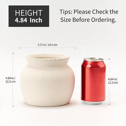 SIDUCAL Ceramic Flower Vase with Wide Mouth Lace, 4.8 Inch Pottery Rustic Farmhouse Boho Vases, Small Terracotta Vase for Home Decor, Table, Living Room, Bathroom, Shelf, Wedding, White