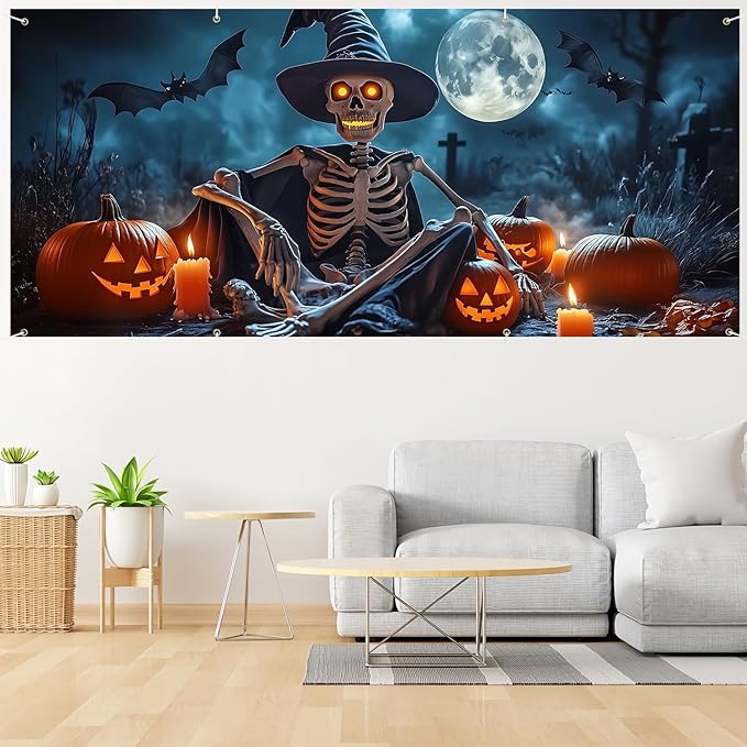 6 x 13 ft Halloween Garage Door Decorations Halloween decorations Witch Door Cover, Hanging Banner, Cauldron Backdrop Mural for Home, Outdoor, Indoor, Spooky Party, Wall, Window (Skull)