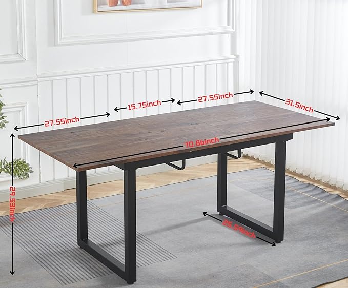 55''- 71'' Extendable Dining Room Table, Expandable Dining Table with Metal Leg, Modern Mid Century Large Table, for 2-6 Person, Walnut Brown