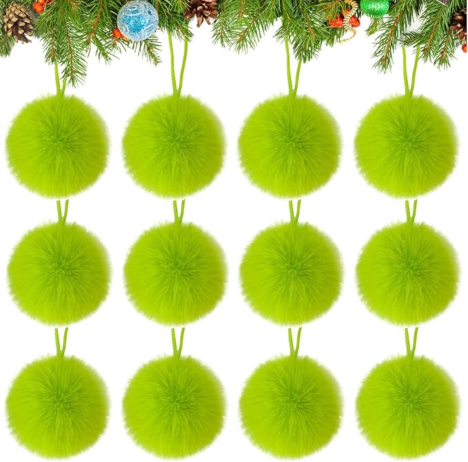 12 Pack Lime Green Furry Christmas Ball Ornaments, 2.36 Inches Soft Fluffy-Pom-Pom Xmas Tree Hanging Decor for Holiday Home Party Fireplace Wall Decoration
