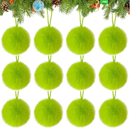 12 Pack Lime Green Furry Christmas Ball Ornaments, 2.36 Inches Soft Fluffy-Pom-Pom Xmas Tree Hanging Decor for Holiday Home Party Fireplace Wall Decoration