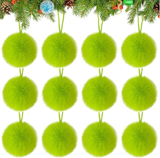 12 Pack Lime Green Furry Christmas Ball Ornaments, 2.36 Inches Soft Fluffy-Pom-Pom Xmas Tree Hanging Decor for Holiday Home Party Fireplace Wall Decoration