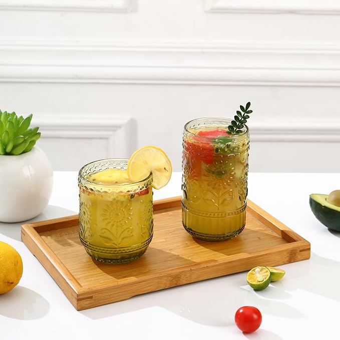Green Drinking Glasses Set of 12, 16 Oz Highball & 13 Oz Cocktail Glasses, Green Kitchen Vintage Glassware Set, Floral Embossed Glass Tumbler Cups for Coffee, Beer, Water, Whiskey, Juice