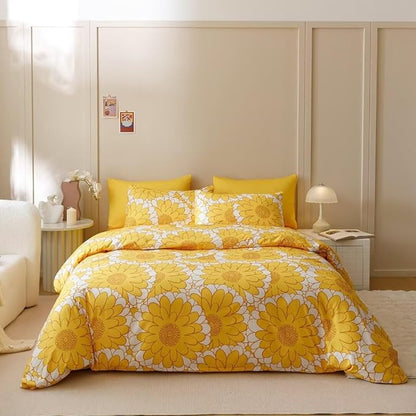 CLOTHKNOW Yellow Sunflower Comforter Set California King Yellow White Bedding Comforter Sets Light Yellow Comforter Yellow Flower Comforter Lightweight