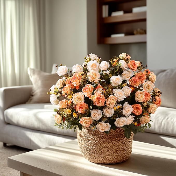 Artificial Flowers for Outdoor 4 Bundles Rose Bouquet with Daisy Faux Flowers UV Resistant for Home Indoor Outside Garden Porch Window Box Balcony Yard Porch Decor (White+Orange)