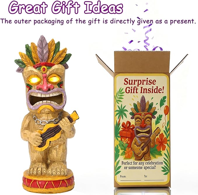 Solar Tiki Garden Statue with LED Eyes Outdoor Resin Ukulele Player Yard Decor Solar Light Hawaiian Style Lawn for Patio Porch Lawn Tiki Bar or Tiki Lover Funny Gifts