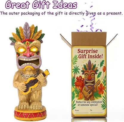 Solar Tiki Garden Statue with LED Eyes Outdoor Resin Ukulele Player Yard Decor Solar Light Hawaiian Style Lawn for Patio Porch Lawn Tiki Bar or Tiki Lover Funny Gifts