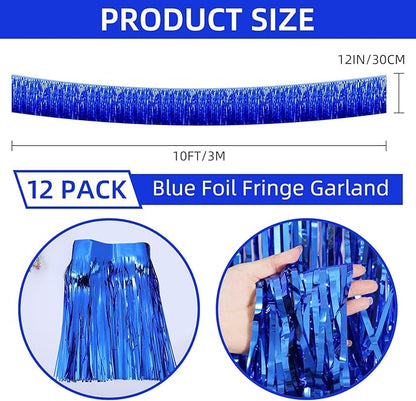 12 Pack 10 Feet Metallic Foil Fringe Garland Tinsel Streamers Banner, Blue Wall Hanging Tinsel Fringe Banners for Parade Floats, Wedding, Birthday, Christmas, New Year Party Decorations