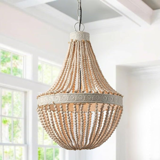 Boho Wood Beads Chandelier Vintage Rustic Farmhouse Chandeliers 3-Lights Wooden Island Pendant Lighting Fixture Retro Ceiling Lights for Dining Room Kitchen Bedroom Foyer D21.65