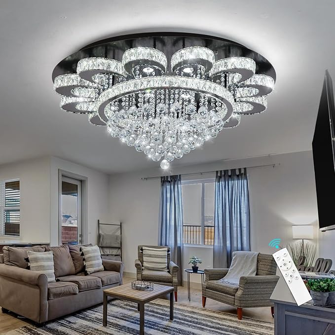 Modern Chandelier Living Room Light Glam Chandeliers Ceiling Light Fixture Remote Dimmable Lights 40 Inches Luxury Crystal Black Dining Room Lights