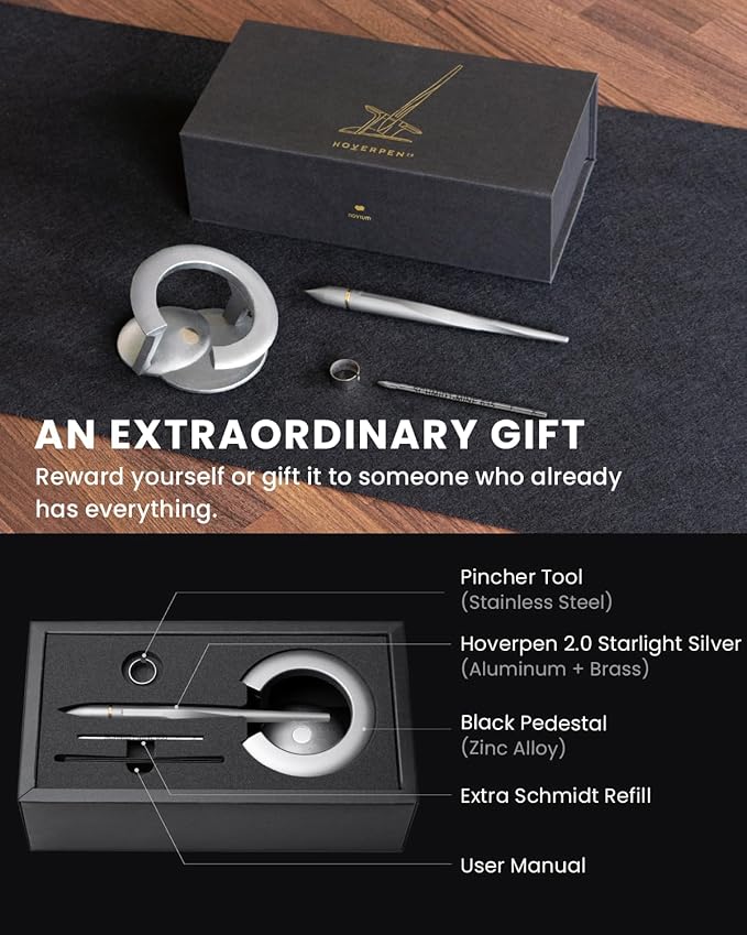novium Hoverpen Interstellar - Luxury Ballpoint Pen Made With Aerospace Alloys, Unique Aesthetic, Free Spinning Executive Pen, Desk Decor (Starlight Silver, 18K-Gold)