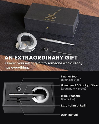 novium Hoverpen Interstellar - Luxury Ballpoint Pen Made With Aerospace Alloys, Unique Aesthetic, Free Spinning Executive Pen, Desk Decor (Starlight Silver, 18K-Gold)