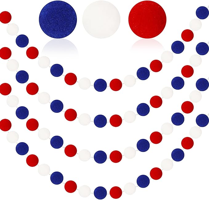 MARFOREVER 4 Pack 26.3 Feet 4th of July Pom Pom Garland Decorations, Red White Blue 30 Balls Independence Day Felt Ball Garland Patriotic Hanging Supplies for Memorial Day Labor Day Party Home Decor