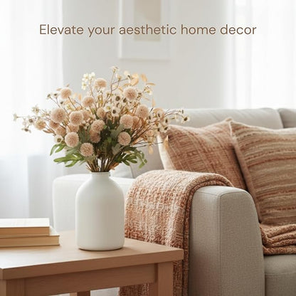 Beige Silk Flower Arrangements For Home Decor, Large Floral Centerpieces For Tables, Fake Mums + Eucalyptus + Wild Flowers in Bulk, Long Stem Artificial Flowers, Faux Mums Flowers