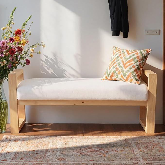 Kmax Entryway Bench, Wooden Bench for Bedroom End of Bed with Hollow Arms Farmhouse Upholstered Bench Rustic Window Bench for Entry Way Bedroom Living Room - Linen, Beige
