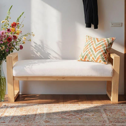 Kmax Entryway Bench, Wooden Bench for Bedroom End of Bed with Hollow Arms Farmhouse Upholstered Bench Rustic Window Bench for Entry Way Bedroom Living Room - Linen, Beige
