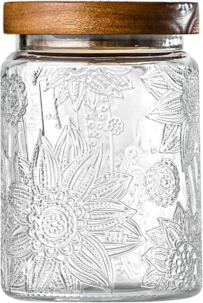 Vintage Glass Jars with Wooden Lids, 24 oz Airtight Glass Food Storage Containers Sets for the Kitchen, Sugar Coffee Tea Cookie Candy Spice Pasta（Sunflower）