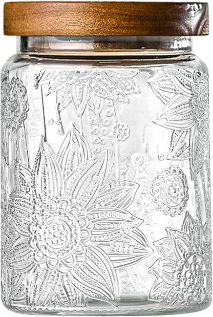 Vintage Glass Jars with Wooden Lids, 24 oz Airtight Glass Food Storage Containers Sets for the Kitchen, Sugar Coffee Tea Cookie Candy Spice Pasta（Sunflower）