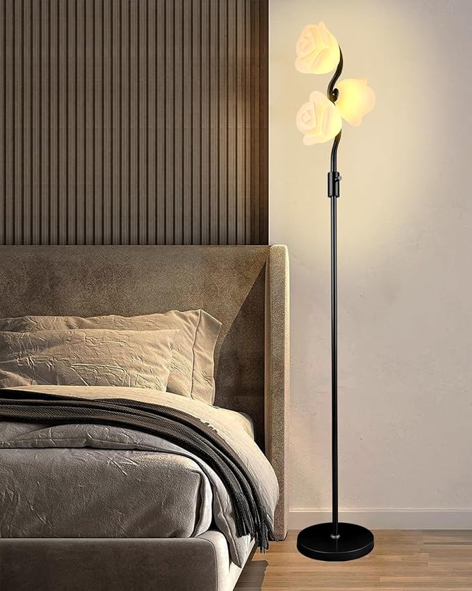 Dimmable Flower Floor Lamp, Modern Black Pole Standing Lamps with 3 Soft Warm White 3000K Bulbs, Mid Century Unique Floral Floor Lamp for Living Room Bedroom Home Decor