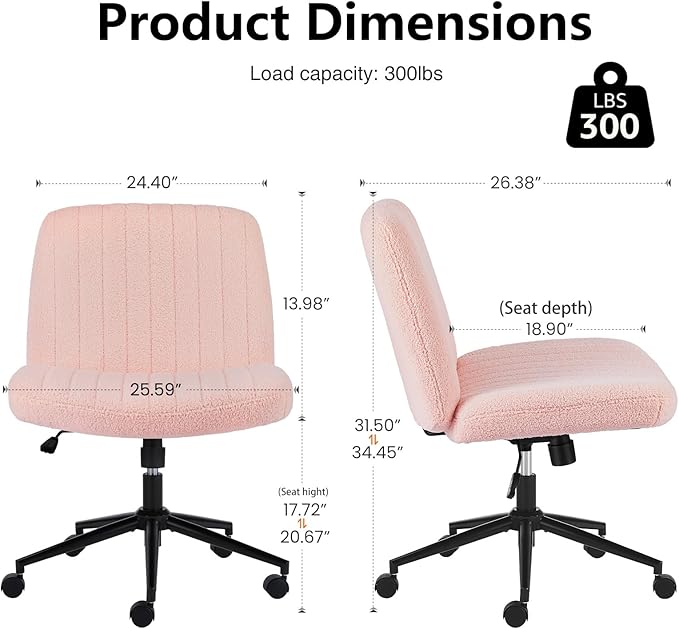 DUMOS Criss Cross Chair with Wheels, Wide Cross Legged Desk Vanity Chairs, Armless Adjustable Swivel Chairs for Home Computer Task, Teddy Pink