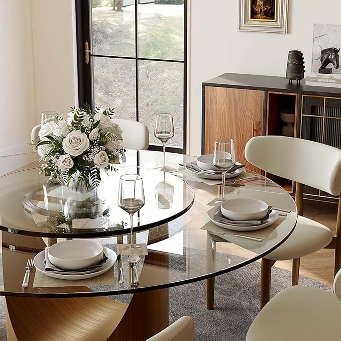 POVISON 51" Round Dining Table for 4 with 23" Lasy Susan, Glass Tabletop Dining Table with Bronze Carbon Steel Pedestal, Modern Dining Room Table for Kitchen, Living Room (Table Only)