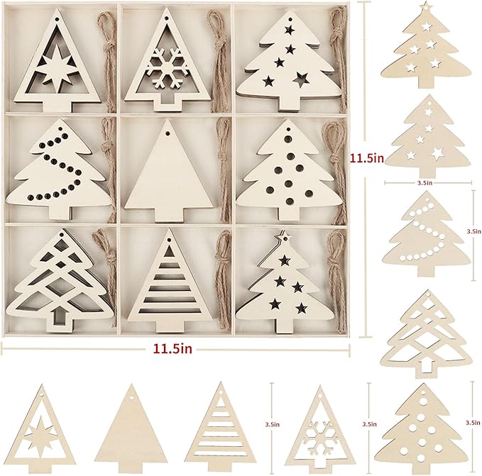 MACTING 27PCS Wooden Christmas Ornaments Unfinished Predrilled Natural Wood Slices DIY Blank Hanging Ornaments Kit for Crafts Centerpieces Christmas Tree Decorations, 9 Styles