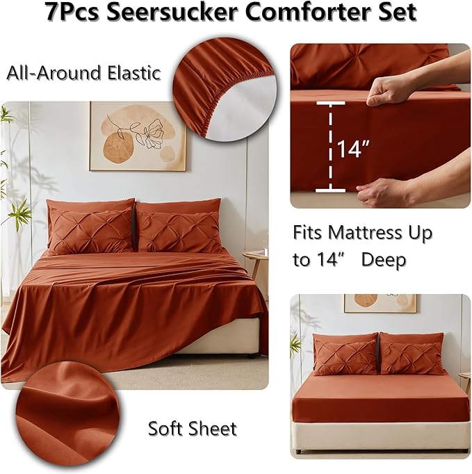 CozyLux King Size Comforter Set Burnt Orange, 7 Pieces Bed in A Bag Terracotta Comforter King Size, Pinch Pleat Bedding Set with All Season Comforter, Sheets, Pillowcases & Shams