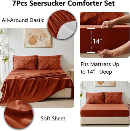 CozyLux King Size Comforter Set Burnt Orange, 7 Pieces Bed in A Bag Terracotta Comforter King Size, Pinch Pleat Bedding Set with All Season Comforter, Sheets, Pillowcases & Shams