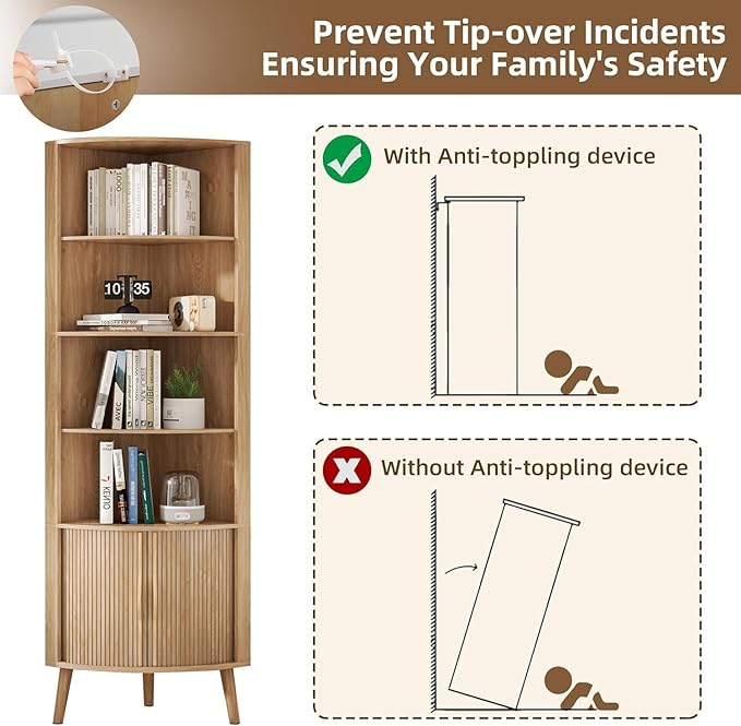 5-Tier Corner Shelf, 66.73''Tall Modern Corner Bookshelf, 5 Shelf Bookcase with 2 Fluted Doors, Freestanding Wood Corner Display Storage Shelf Organizer for Living Room, Office (Wood Color)