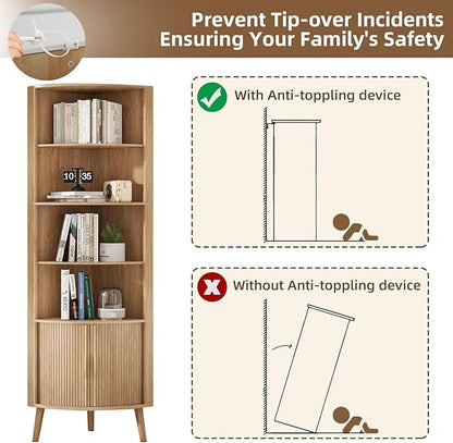 5-Tier Corner Shelf, 66.73''Tall Modern Corner Bookshelf, 5 Shelf Bookcase with 2 Fluted Doors, Freestanding Wood Corner Display Storage Shelf Organizer for Living Room, Office (Wood Color)