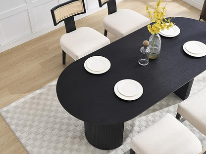 79" Modern Oval Dining Table, Farmhouse Round Wood Kitchen & Dining Room Table for 4-6 Seats, Wooden Strip Base, Home Desk with Easy-Clean Tabletop, Black