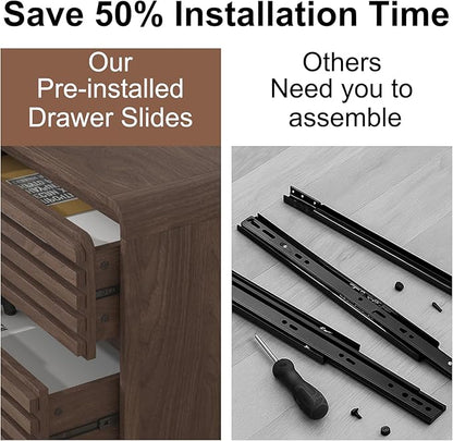 Walnut Dresser for Bedroom, Tall Dresser with 6 Drawers, Chests of Drawers with Grille & Curved Design, Fluted Dressers Slides Pre-Installed, Wood Large Drawer Organizer for Bedroom Hallway