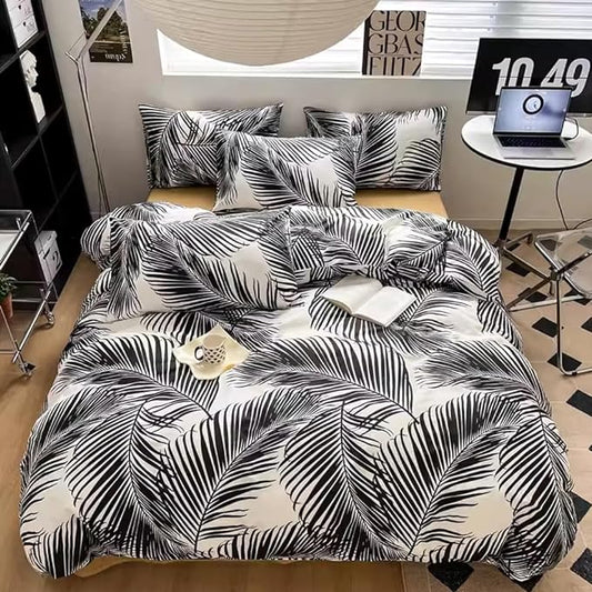 Pureant Boho Black Botanical Bedding Set - Full Comforter, Feather Quilts, Rustic Palm Leaves, Tropical Bohemian Black Floral Pattern