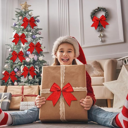 Cindeer 24 Pcs Red Christmas Bow Decorations 6 x 6 Inches, Glitter Holiday Ornaments Sequin Ties Bows for Xmas Tree, Wreath, DIY Crafts, Gift Wrapping, Party Decor