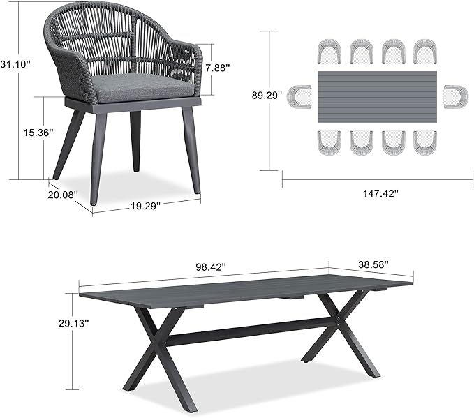 PURPLE LEAF 11 Pieces Patio Dining Set with Outdoor Aluminium Dining Table and Woven Rattan Chairs Modern Metal Furniture Cushions Sets for Garden Yard Indoor Decor Kitchen Grey
