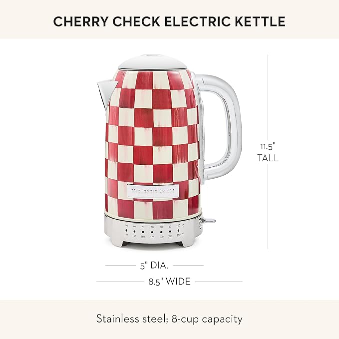 MACKENZIE-CHILDS Electric Kettle, Stainless-Steel Appliances Kettle, Red-and-White Cherry Check
