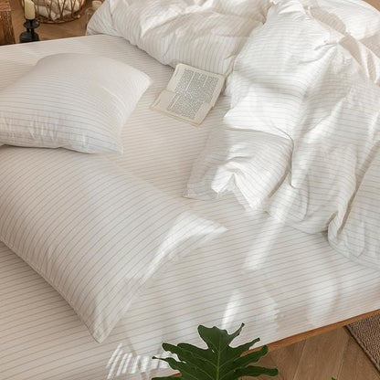 MooMee Striped Duvet Cover Set 100% Washed Cotton Linen Like Textured Breathable Durable Soft Comfy (White Almond Milk Grey Wide Stripes, Super Queen 90"x98")