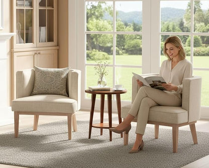 Barrel Chairs Set of 2 Mid Century Modern Accent Chair with Solid Wood Leg Upholstered Reading Arm Chairs Linen Fabric Waiting Room Round Side Chairs for Small Spaces Living Room Bedroom Office, Beige