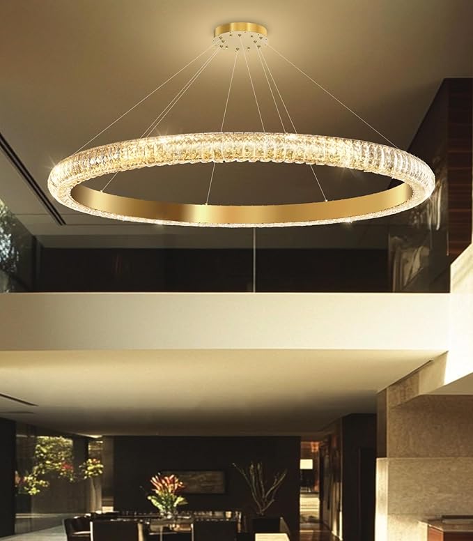 40" 1 Ring Crystal Chandelier Modern LED Dimmable Ring Pendant Light Chandelier for Dining Room Living Room Gold