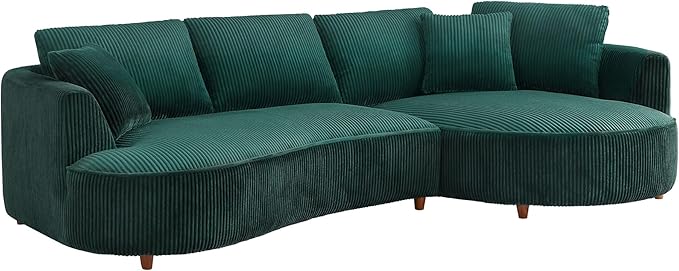 122'' Modern Curved Cloud Sofa Luxury Living Room 5 Seater Sectional Sofa Curve Design Comfortable Upholstered Sofas with Toffee Chair for Living Room Bedroom Apartment(Corduroy+Right Facing, Green)