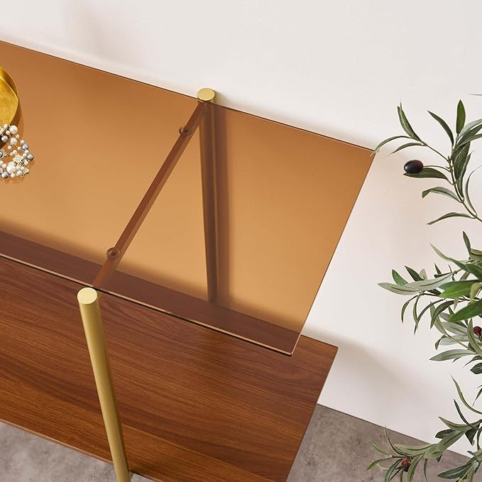 Extra Large Glass Console Table for Living Room, Foyer & Entrance, L47 x W16 x H31, Mid-Century Modern Sofa Table with Amber Glass Top, Walnut Finish Wood Top and Gold Finish Metal Frame