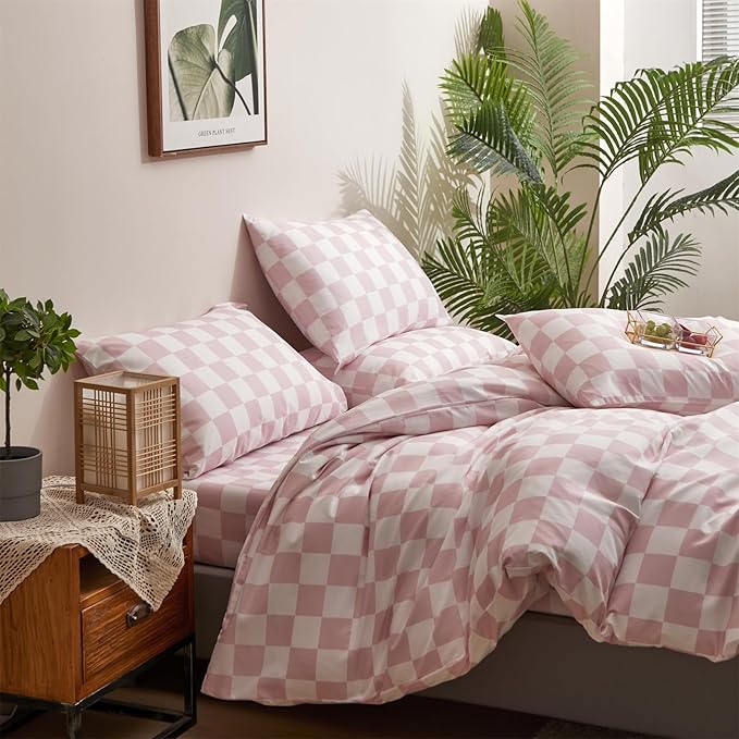 Pureant Pink White Plaid Comforter Sets Queen Women Men Bean Pink and White Checkerboard Grid Bedding Comforters Cotton Boys Girls Modern Dusty Pink Checkered Geometric Quilts Luxury Abstract Bed