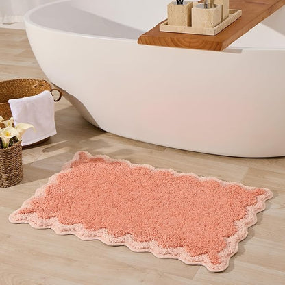 ORTIGIA Cute Coral Pink Scalloped Bath Mat, Fun Plush Microfiber Scallop Bathroom Rugs Non Slip Washable Quick Dry Absorbent, Bath Rug Shower Stall Vanities Kitchen Floor Entrance, 20x32