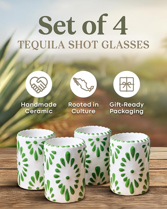 Talavera Shot Glasses 100% Handmade Ceramic Mexican Pottery Design Gifts for Women & Men for Any Occasion, GREEN