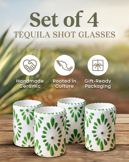 Talavera Shot Glasses 100% Handmade Ceramic Mexican Pottery Design Gifts for Women & Men for Any Occasion, GREEN