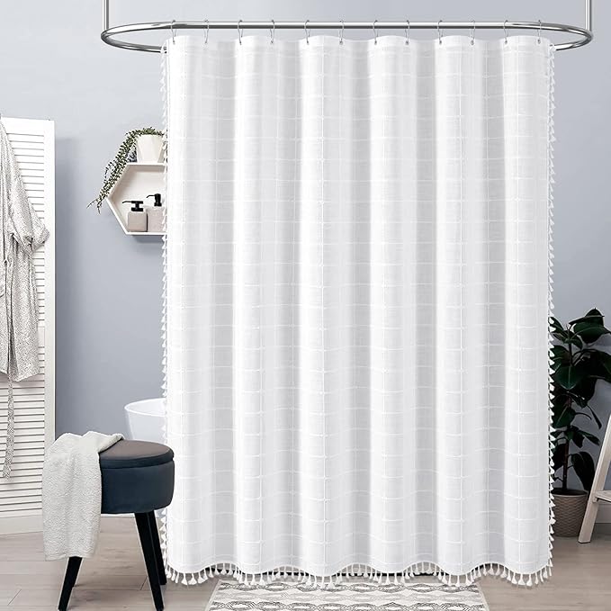 BTTN Stall Shower Curtain, 60x72 Inches Boho Farmhouse Linen Weighted Fabric Tassel Shower Curtain Set with 10 Plastic Hooks, Narrow French Country Neutral Textured Shower Curtains for Bathroom, White